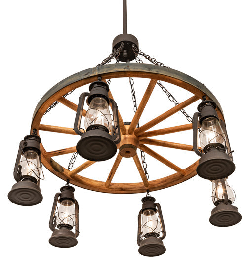 40" Wide 6 Light Miner's Lantern Wagon Wheel Chandelier