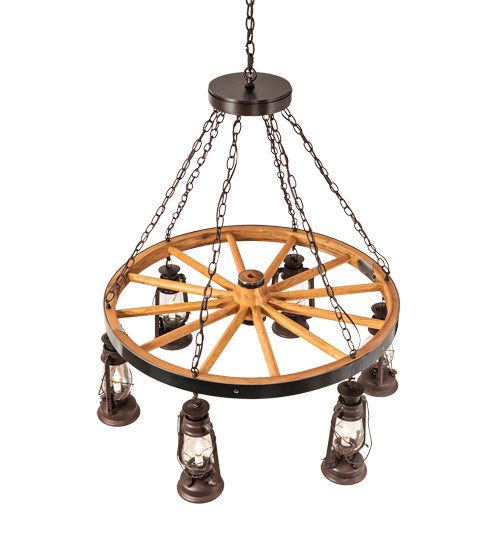 40" Wide 6 Light Miner's Lantern Wagon Wheel Chandelier