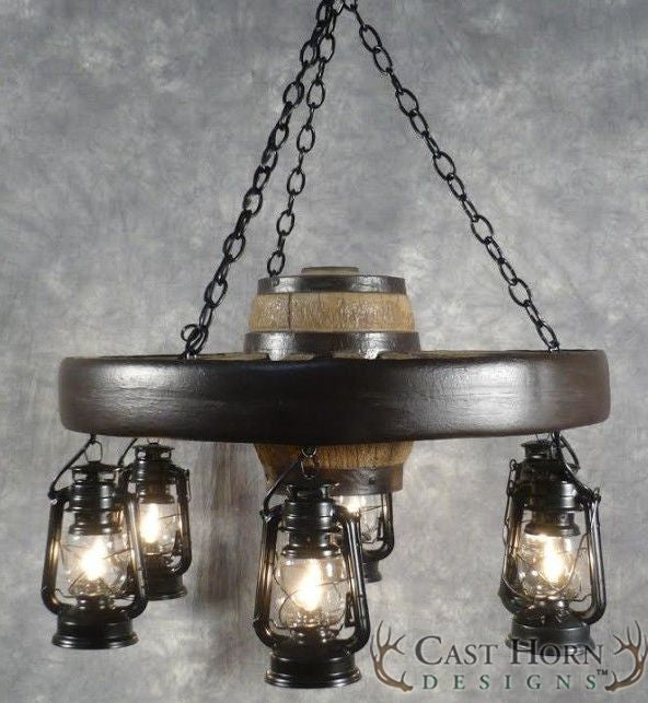Small Wagon Wheel Chandelier with Lanterns